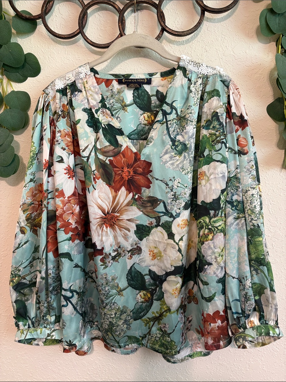 Pankaj & Nidhi Boho Floral Beaded Blouson Sleeved Top✨